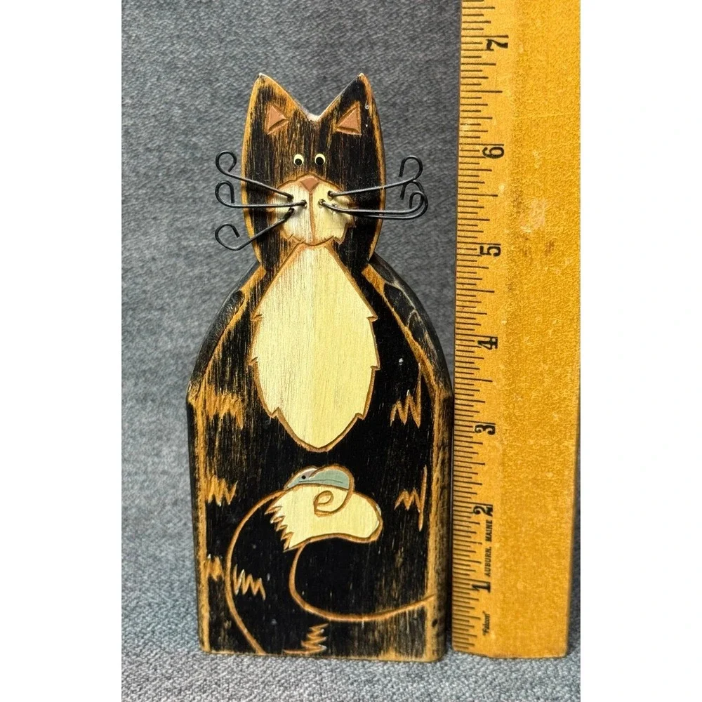 Wood Carved Black Cat Figurine Wire Whiskers Mouse Folk Art Statue Kitten Mice